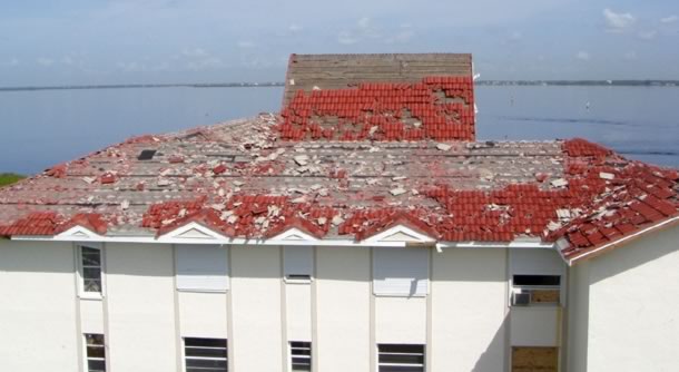roof damaged, roof of building destroyed